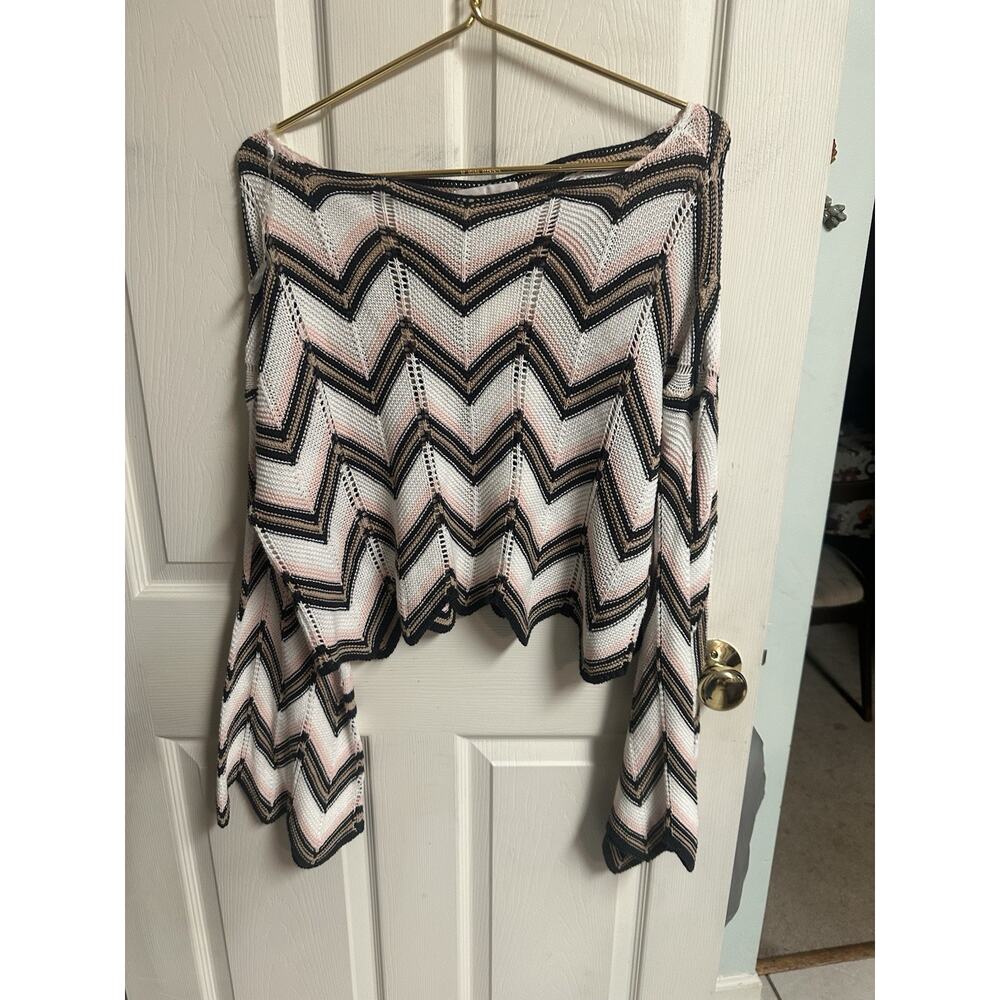 Audrey Parks Size Large Cotton Lizbeth Chevron Bell Sleeve White Sweater Knit